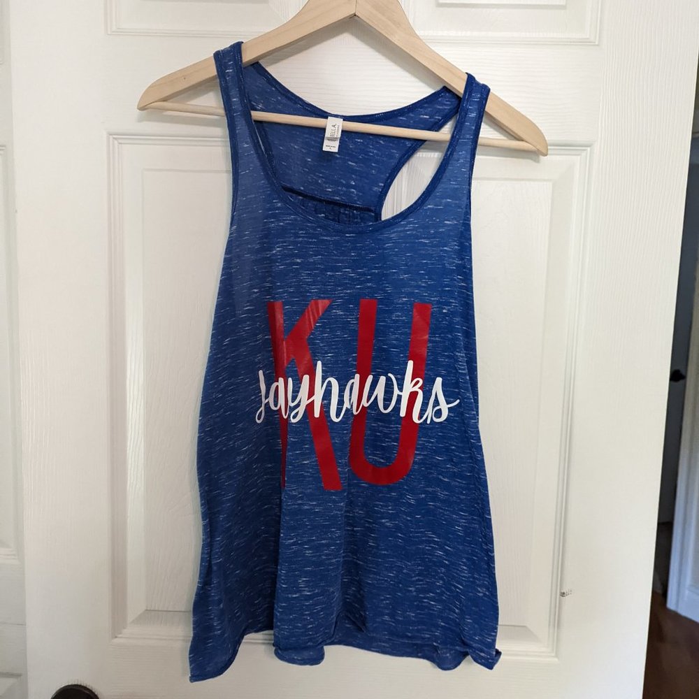 Bella + Canvas Blue Racerback Tank Top, KU Jayhawks - Large